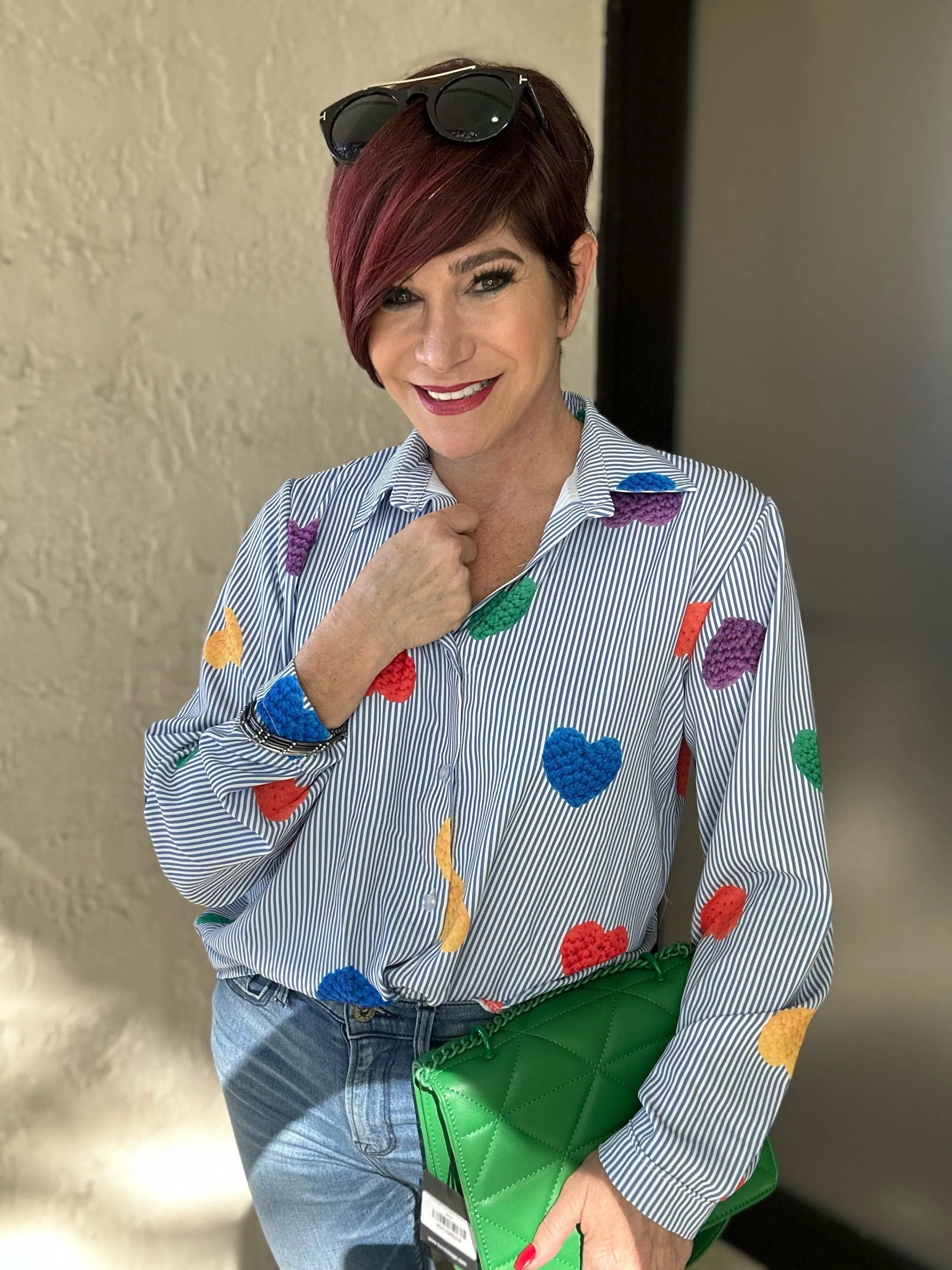 Heart Print Striped Button Down