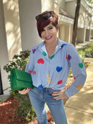 Heart Print Striped Button Down