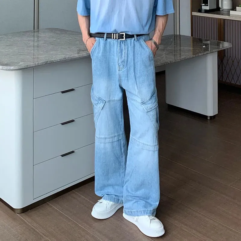 High Street Men's Jeans Big Pockets Worn-out Overall Straight Wide Leg Gradient Color Male Denim Pants Streetwear 9C6306