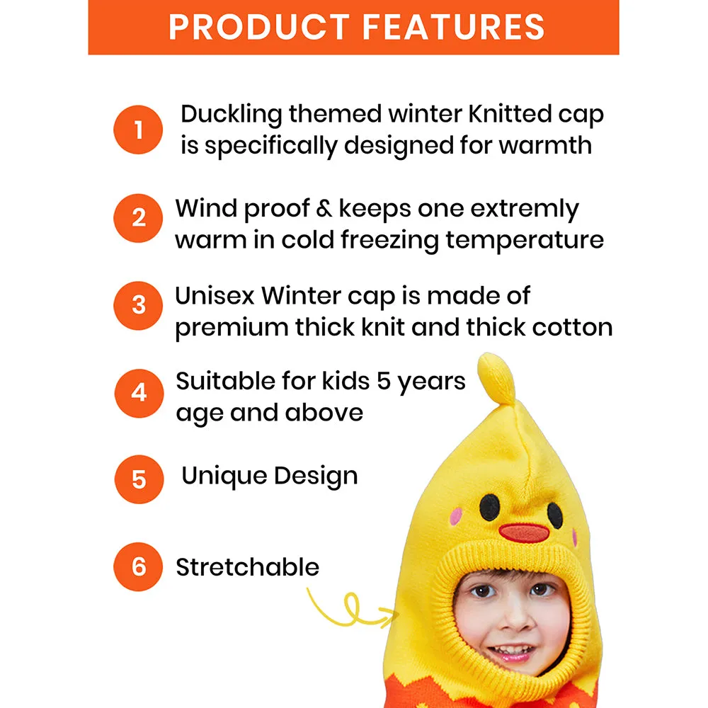 Little Surprise Box Knitted Yellow Duckling theme Winter Cap covering  Neck , Ears and Head for Minus degree Temperature, 5 yrs and above