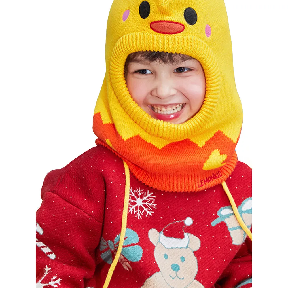 Little Surprise Box Knitted Yellow Duckling theme Winter Cap covering  Neck , Ears and Head for Minus degree Temperature, 5 yrs and above