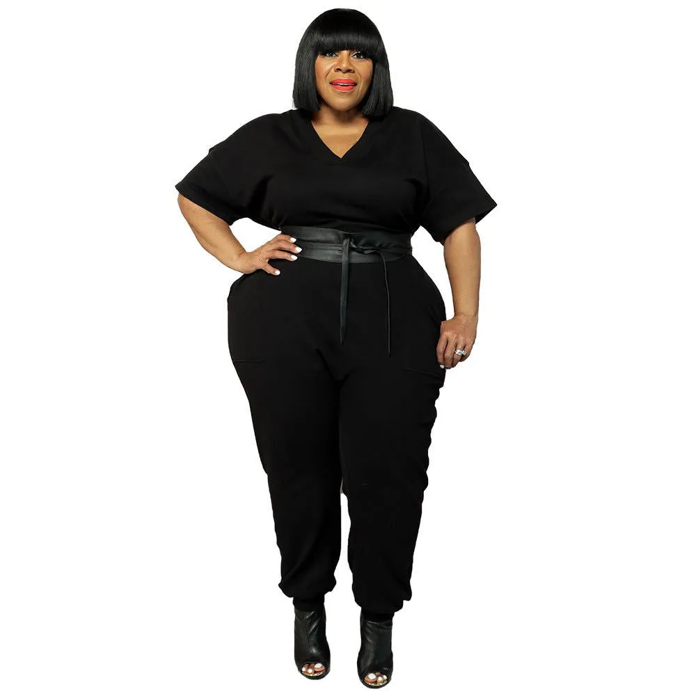 Loose Half-Sleeve V-Neck Plus Size Jumpsuits