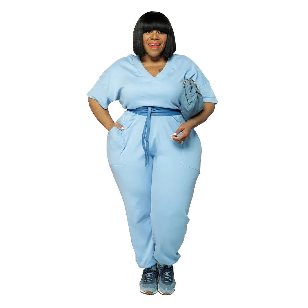 Loose Half-Sleeve V-Neck Plus Size Jumpsuits