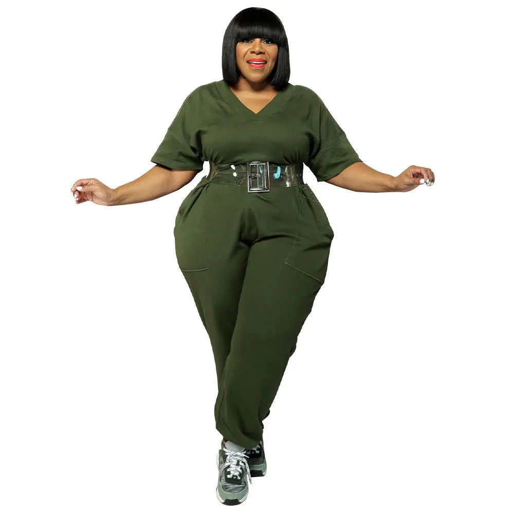 Loose Half-Sleeve V-Neck Plus Size Jumpsuits