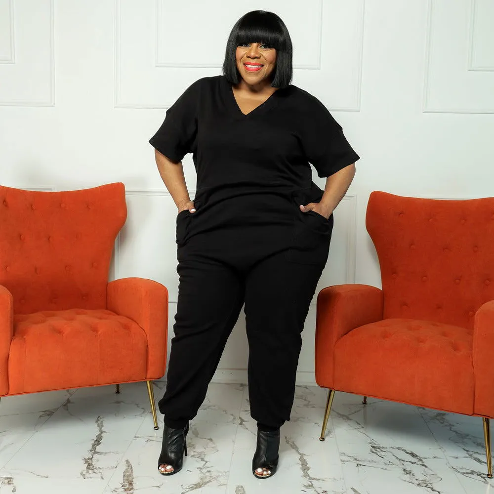 Loose Half-Sleeve V-Neck Plus Size Jumpsuits