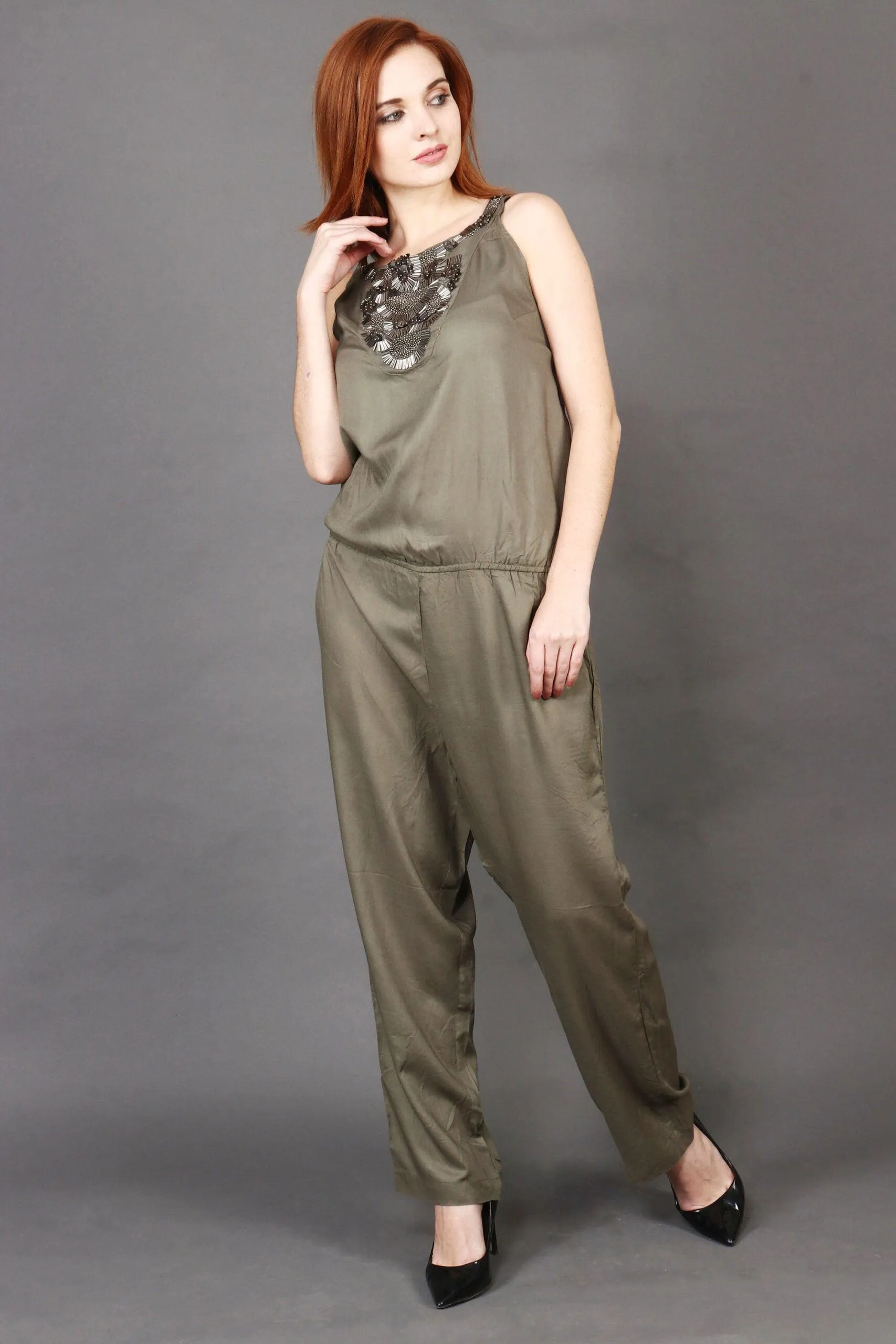 Olive Green Solid Jumpsuit with Sequins Patch