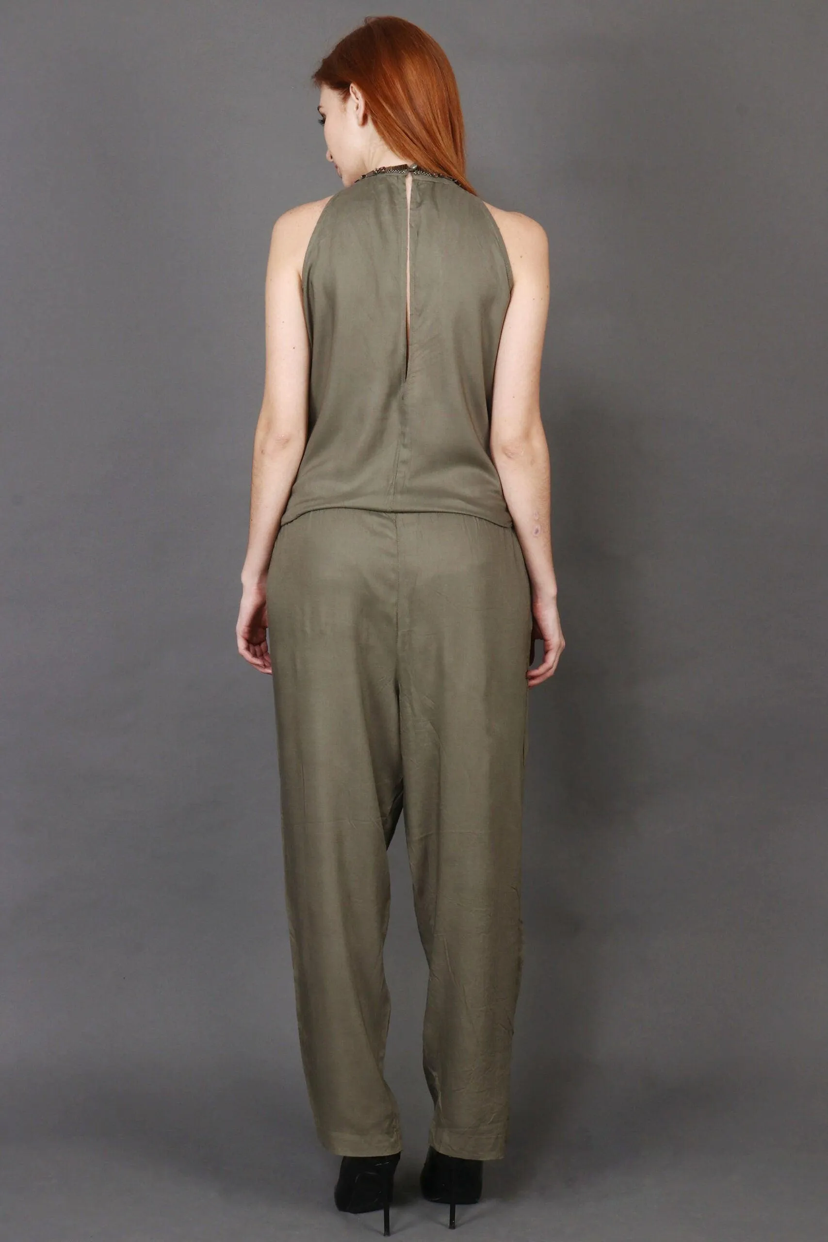 Olive Green Solid Jumpsuit with Sequins Patch