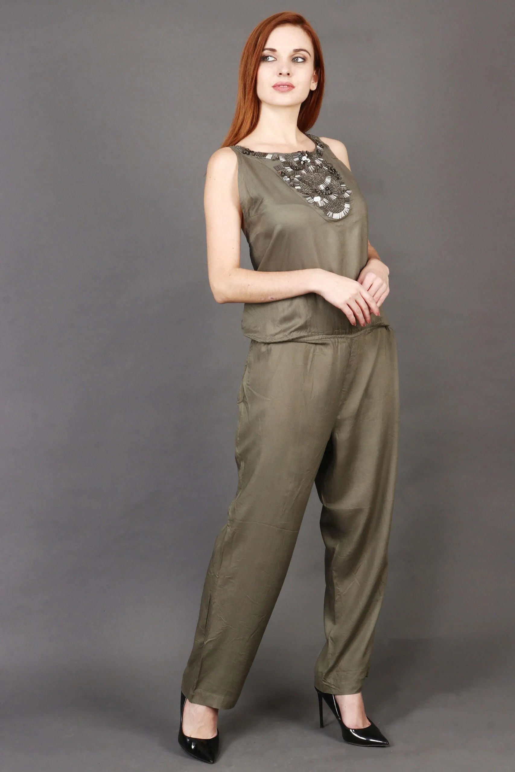 Olive Green Solid Jumpsuit with Sequins Patch