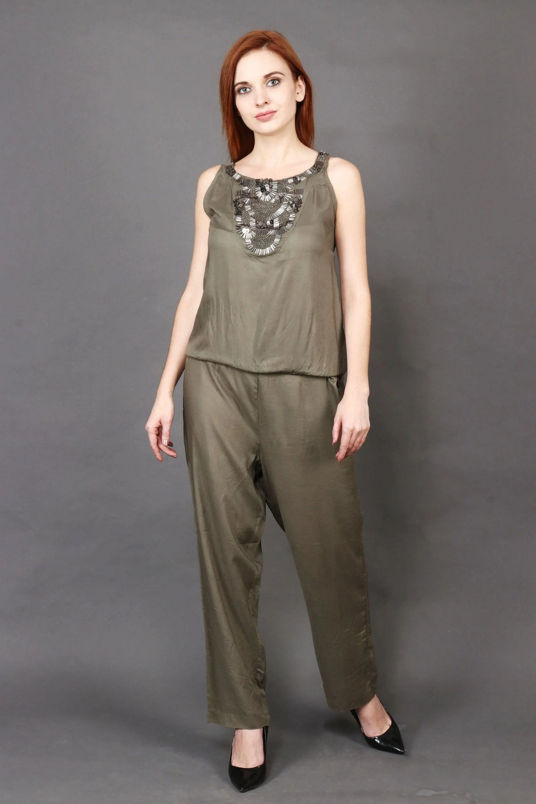 Olive Green Solid Jumpsuit with Sequins Patch
