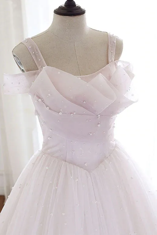 Pearl Pink Straps A Line Tulle Long Prom Dress with Pearls Long Formal Gown