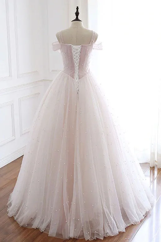 Pearl Pink Straps A Line Tulle Long Prom Dress with Pearls Long Formal Gown