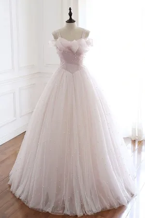 Pearl Pink Straps A Line Tulle Long Prom Dress with Pearls Long Formal Gown