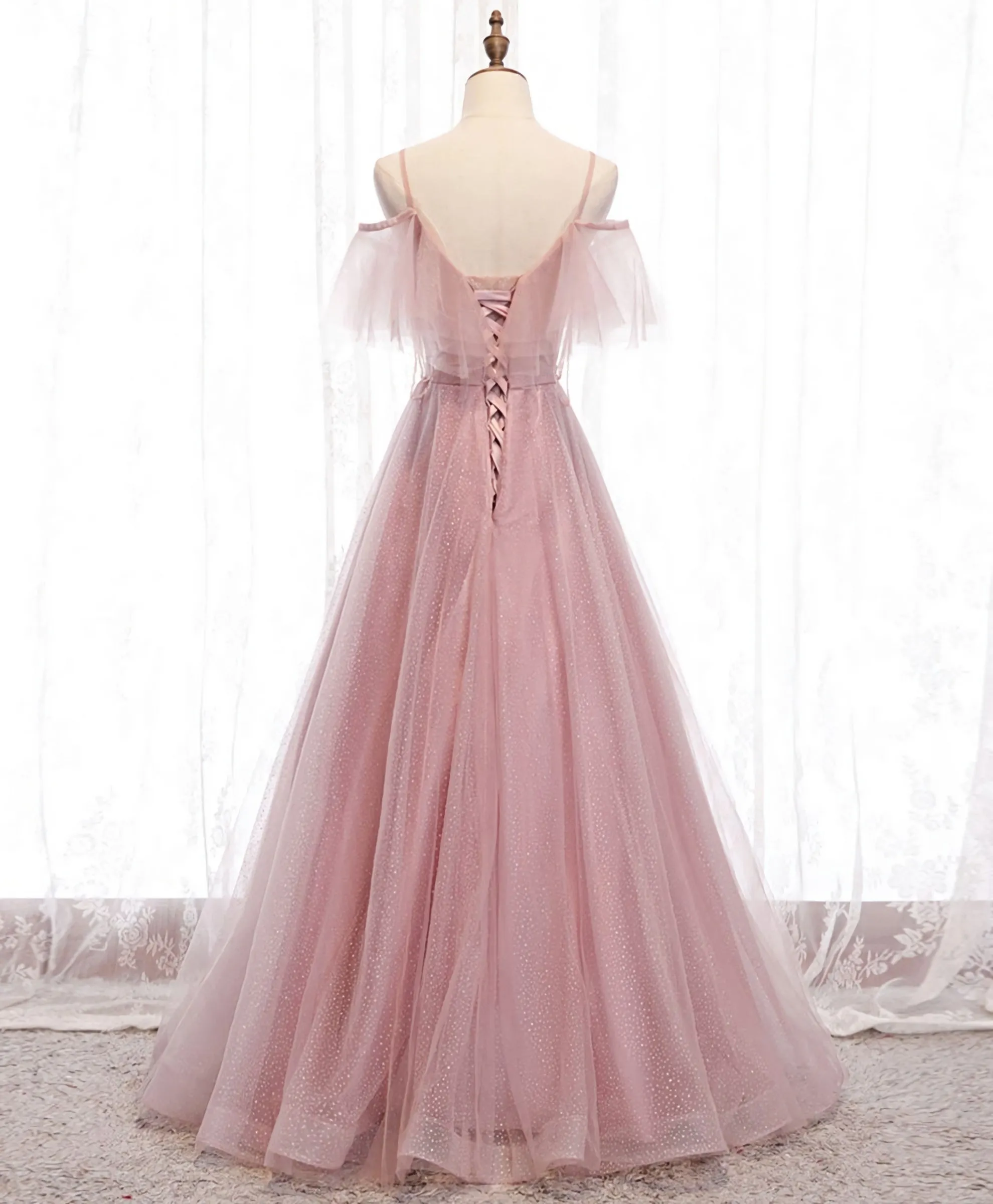 Pink Sweetheart Tulle Long Prom Dress, Pink Tulle Formal Dress, 1