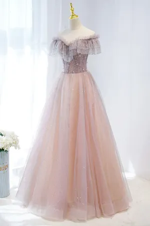 Pink Tulle Beaded Long Formal Dress Pink V-Neck Prom Dress