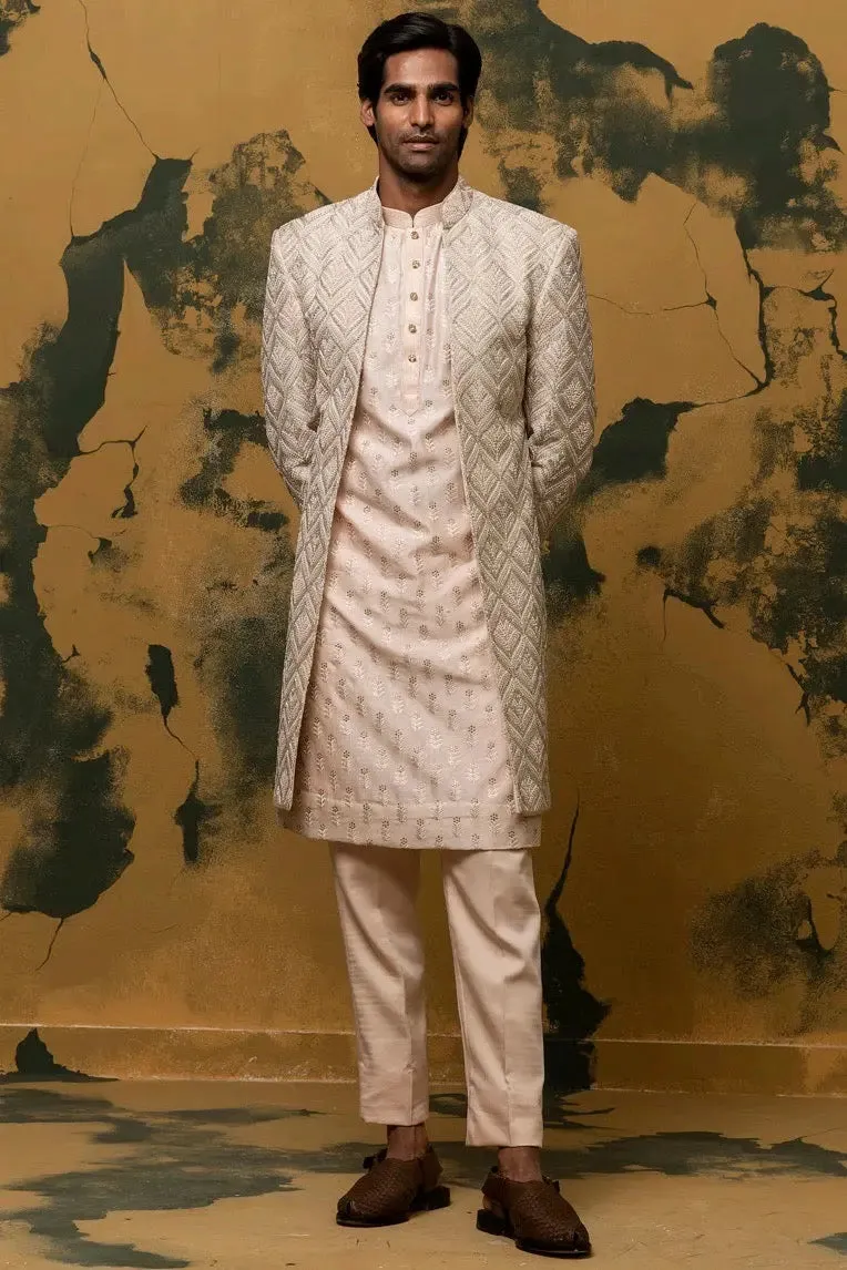 Prithviraj Sukumaran in Elation Beige Zari Embroidered Sherwani