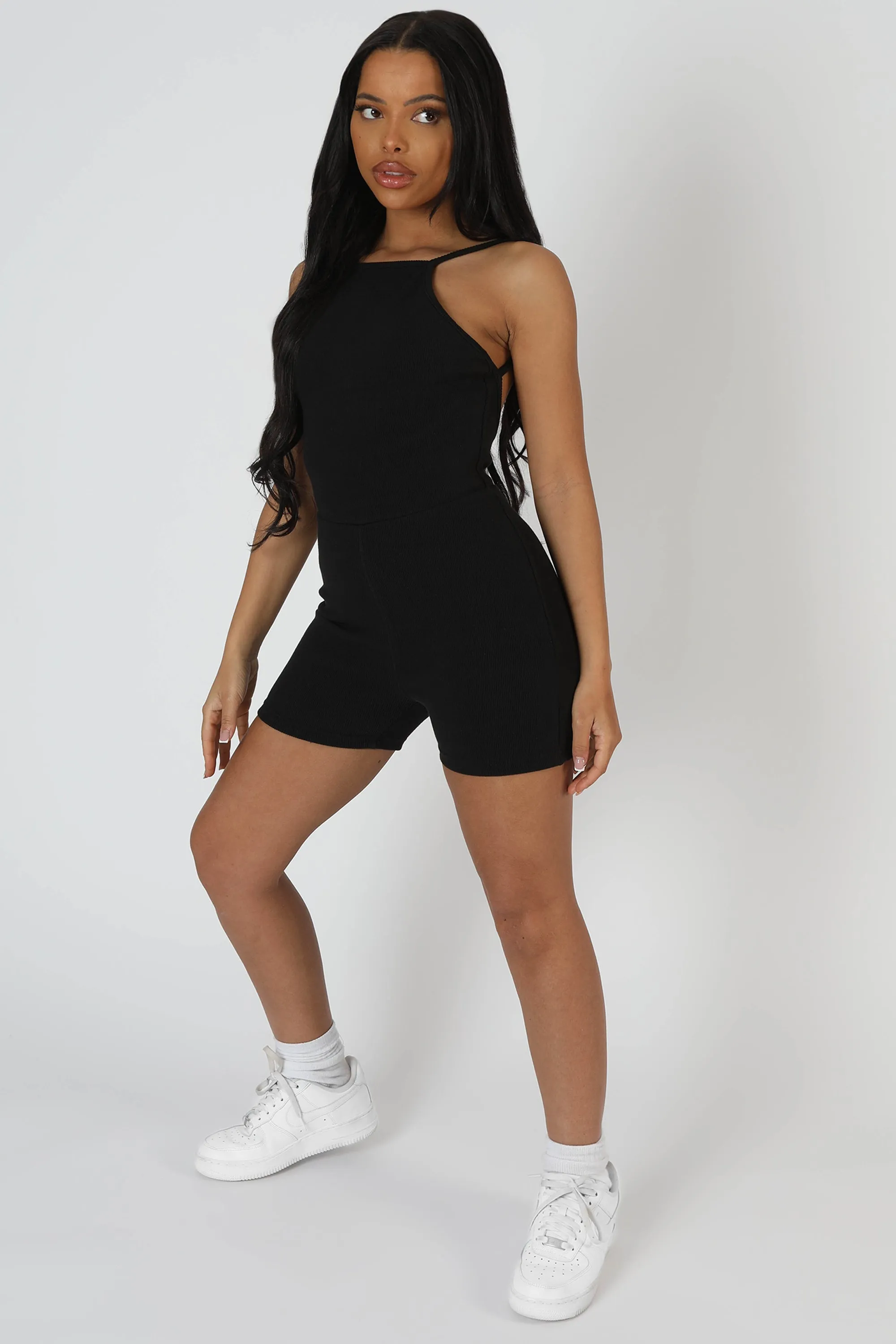 Racer Low Back Ribbed Unitard Jumpsuit Black