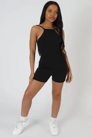 Racer Low Back Ribbed Unitard Jumpsuit Black