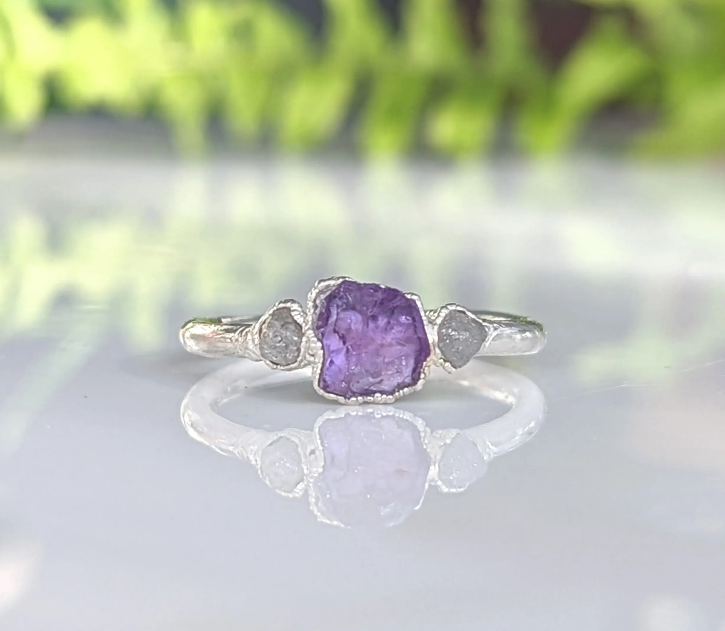 Raw Amethyst & rough diamond ring