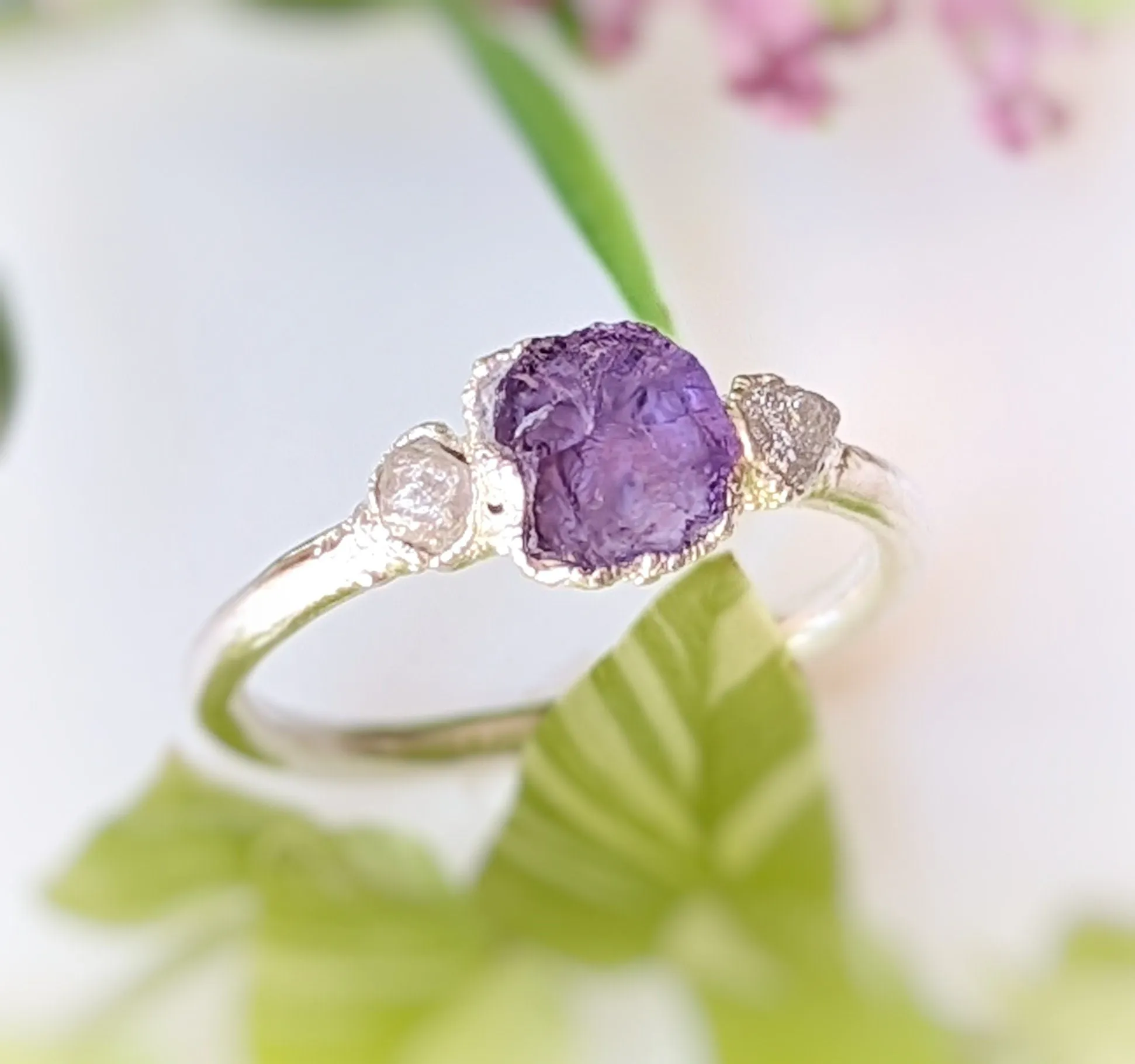 Raw Amethyst & rough diamond ring