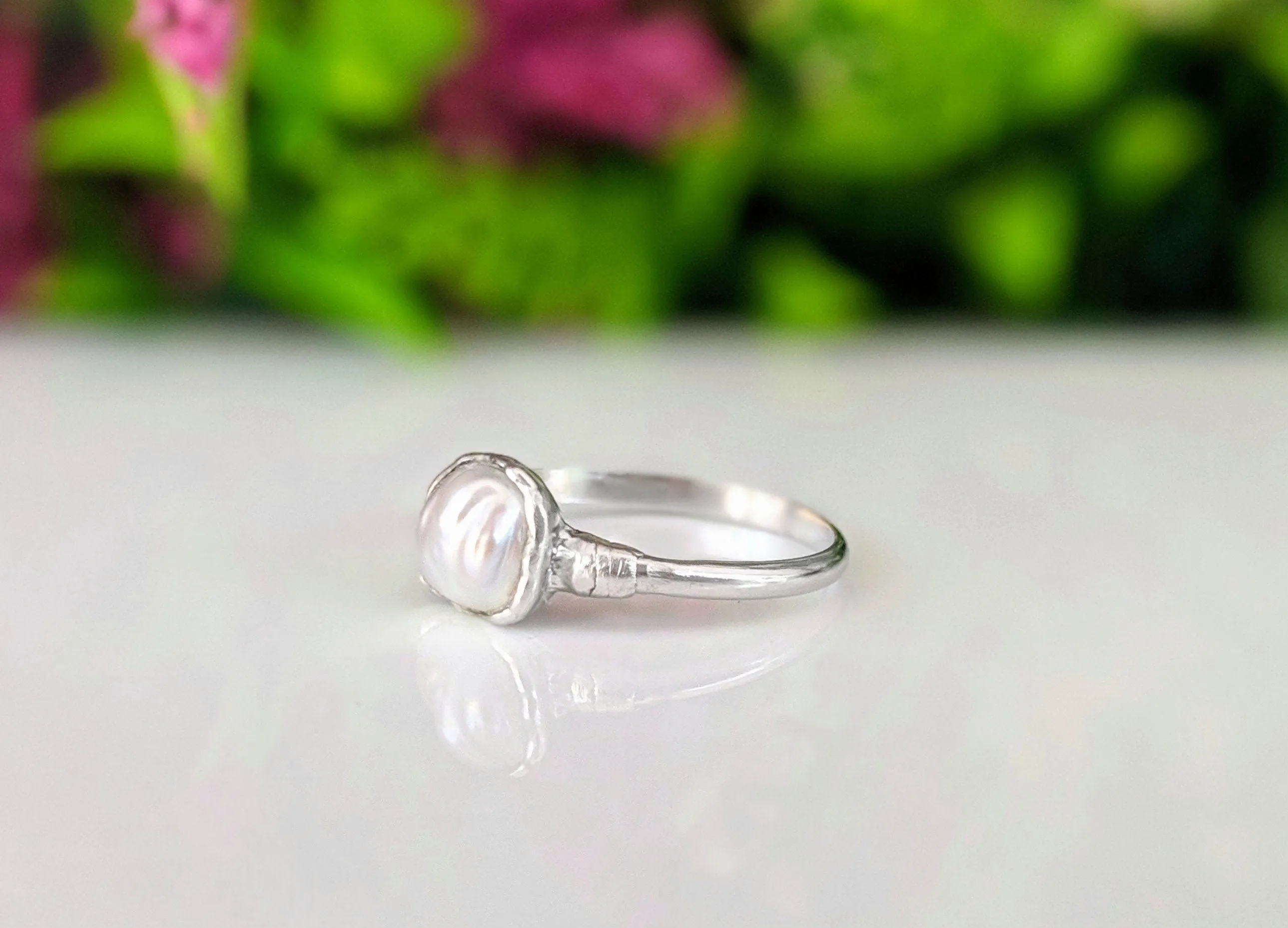 Raw diamond and Keshi pearl Chevron wedding ring set