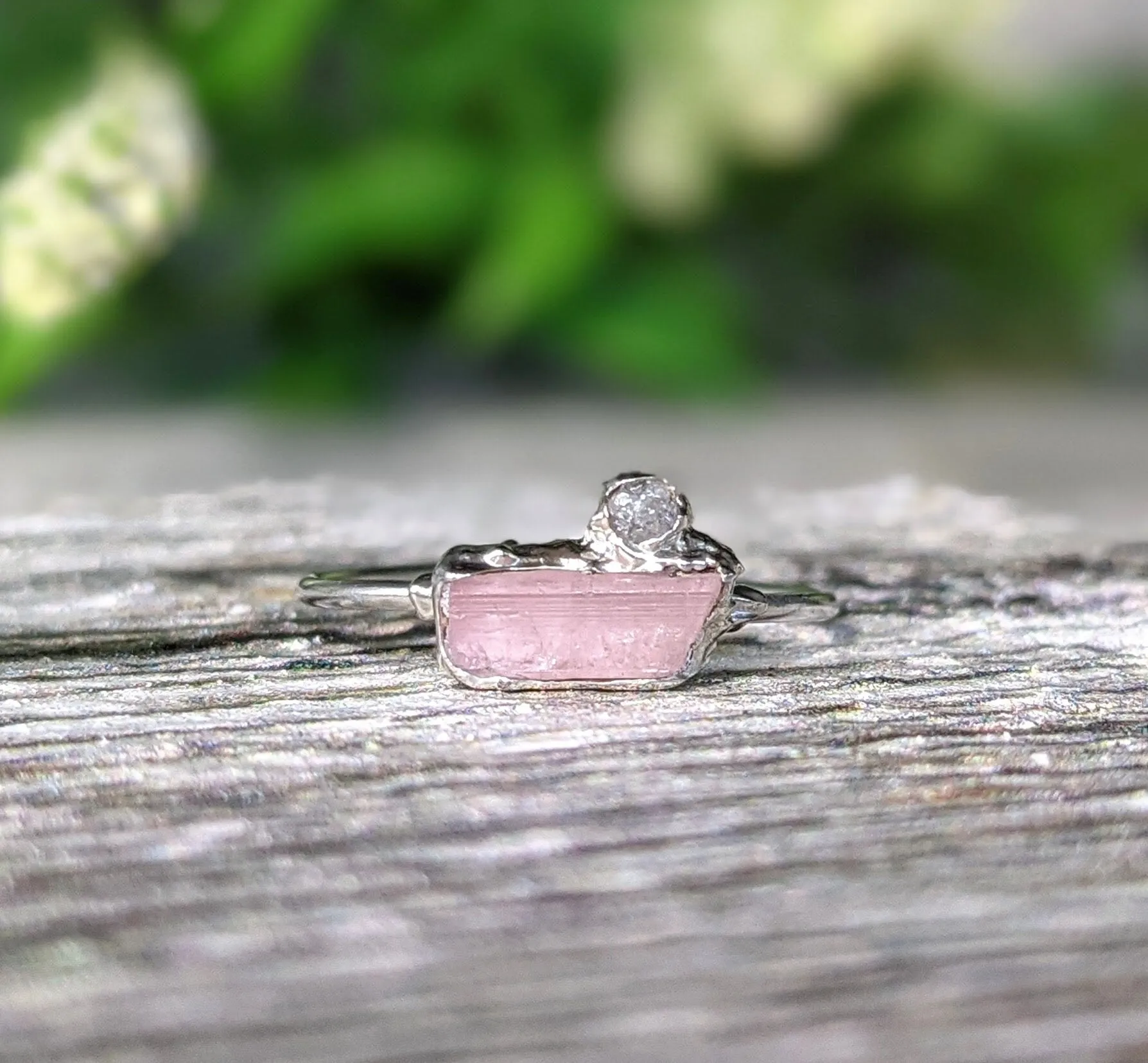 Raw pink tourmaline and rough diamond ring