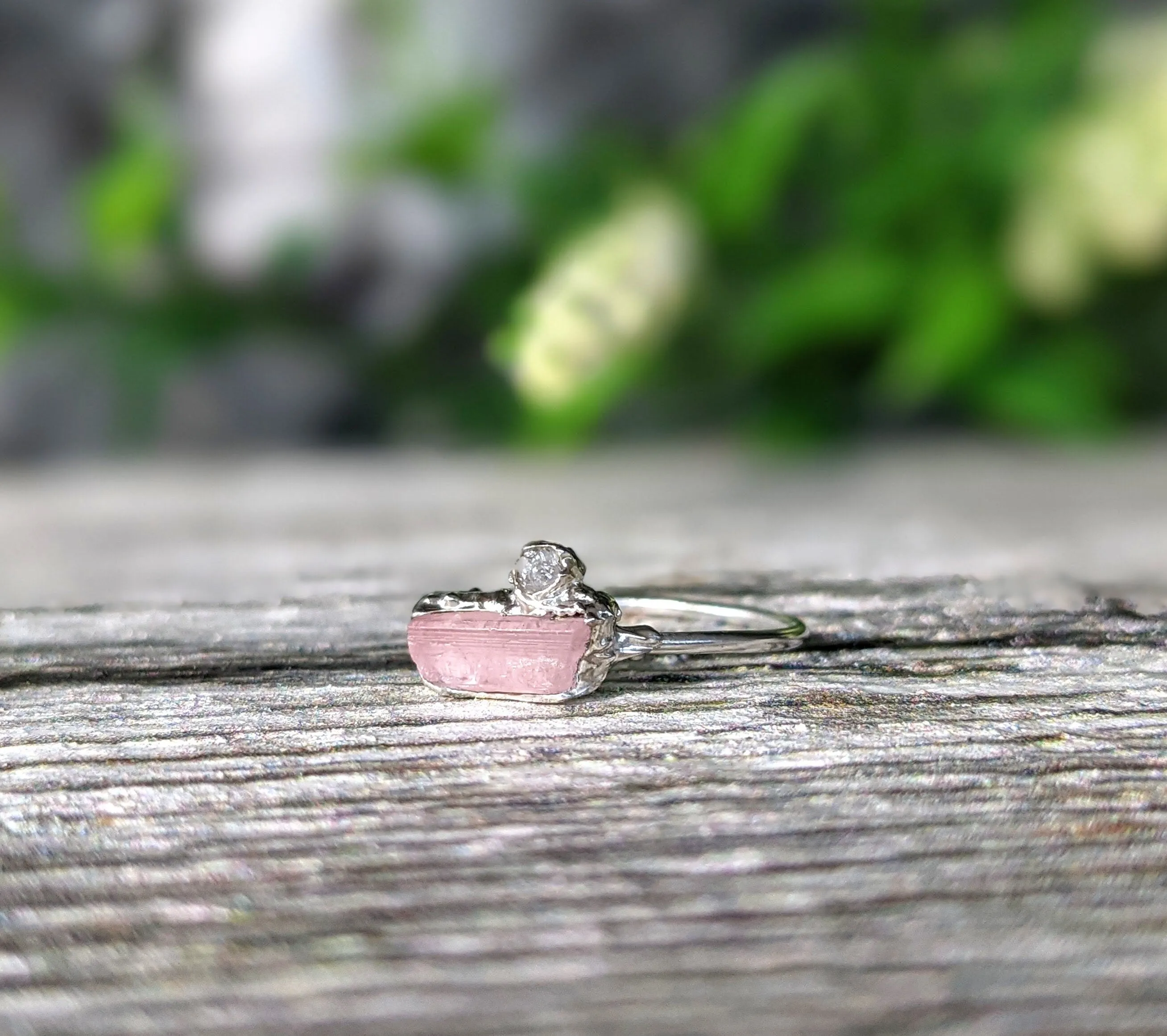 Raw pink tourmaline and rough diamond ring