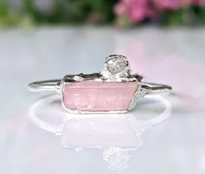 Raw pink tourmaline and rough diamond ring