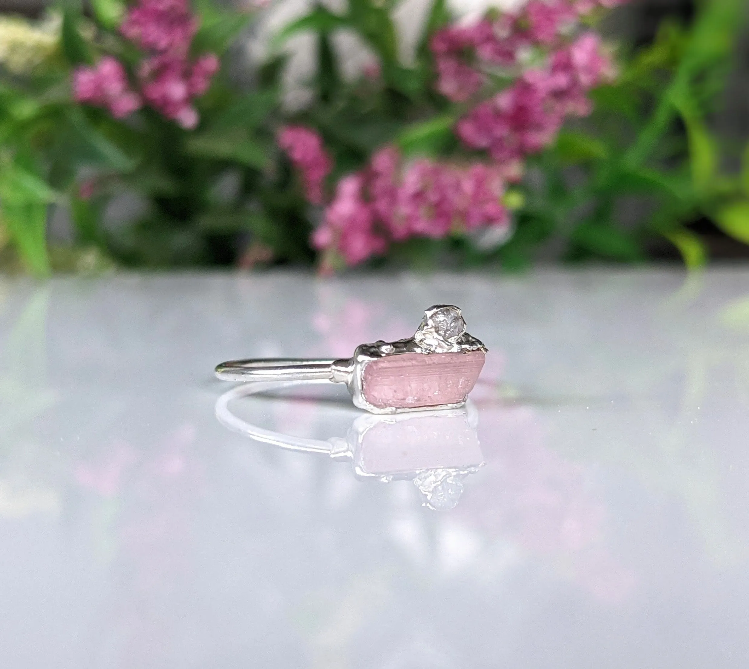 Raw pink tourmaline and rough diamond ring