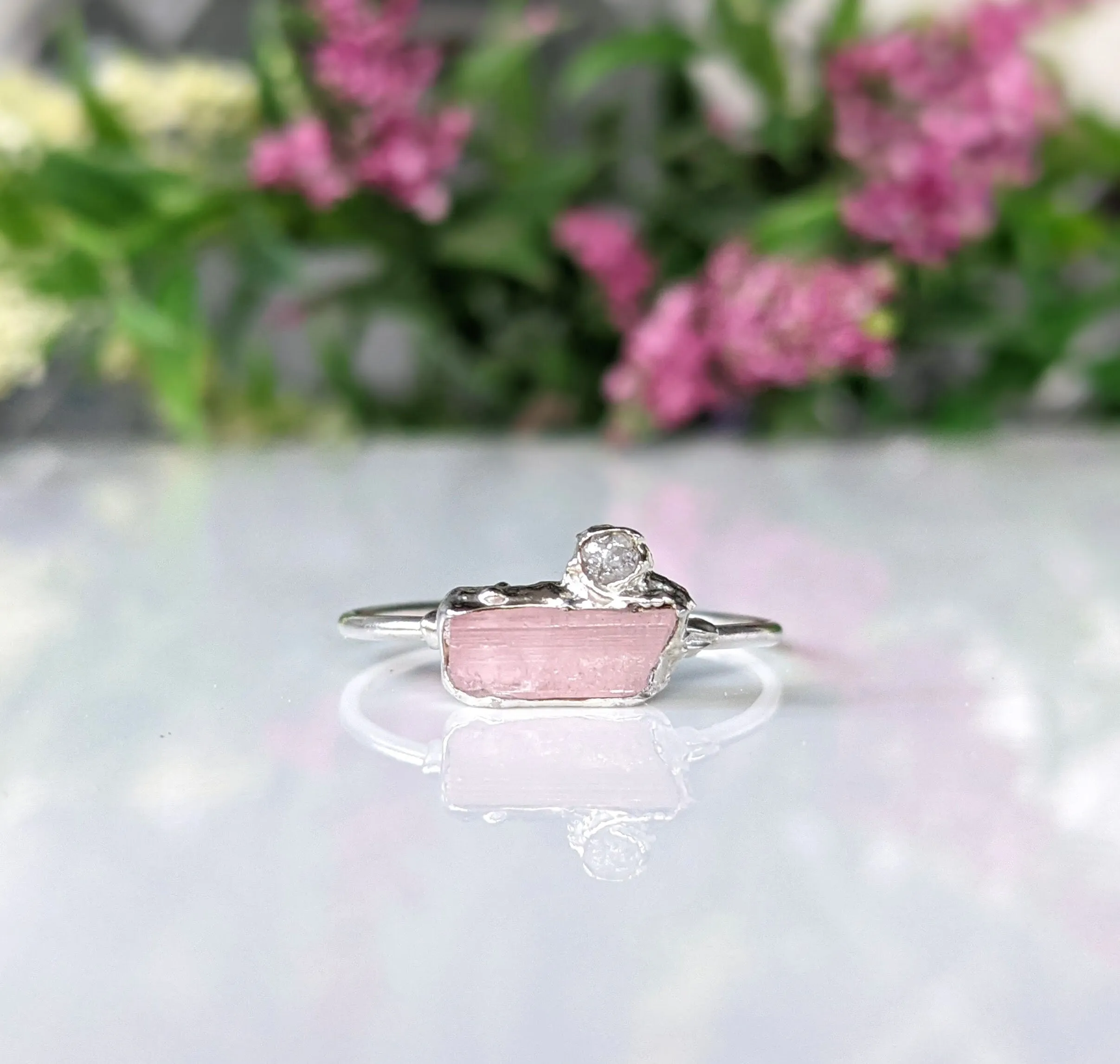 Raw pink tourmaline and rough diamond ring