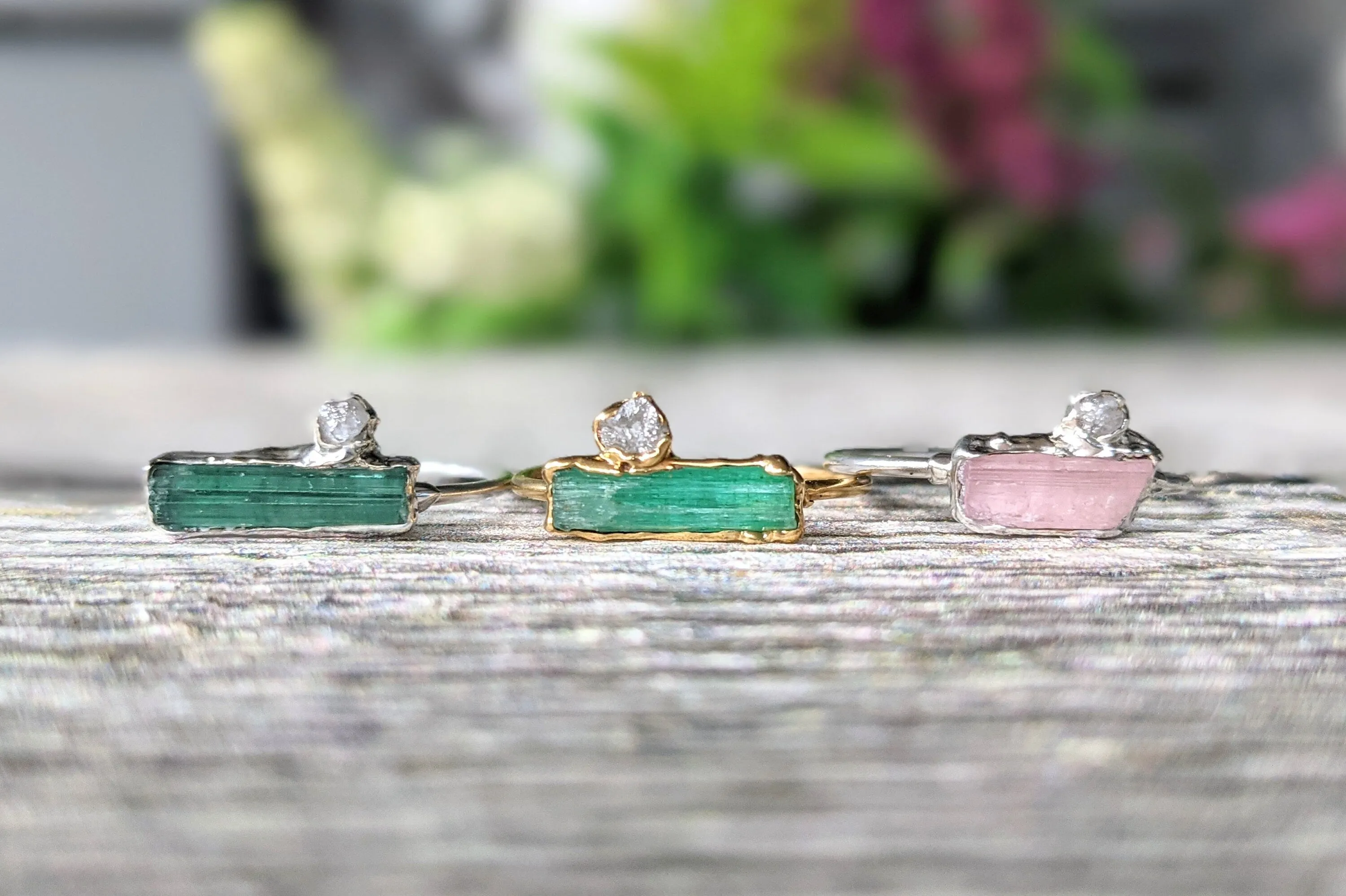 Raw pink tourmaline and rough diamond ring