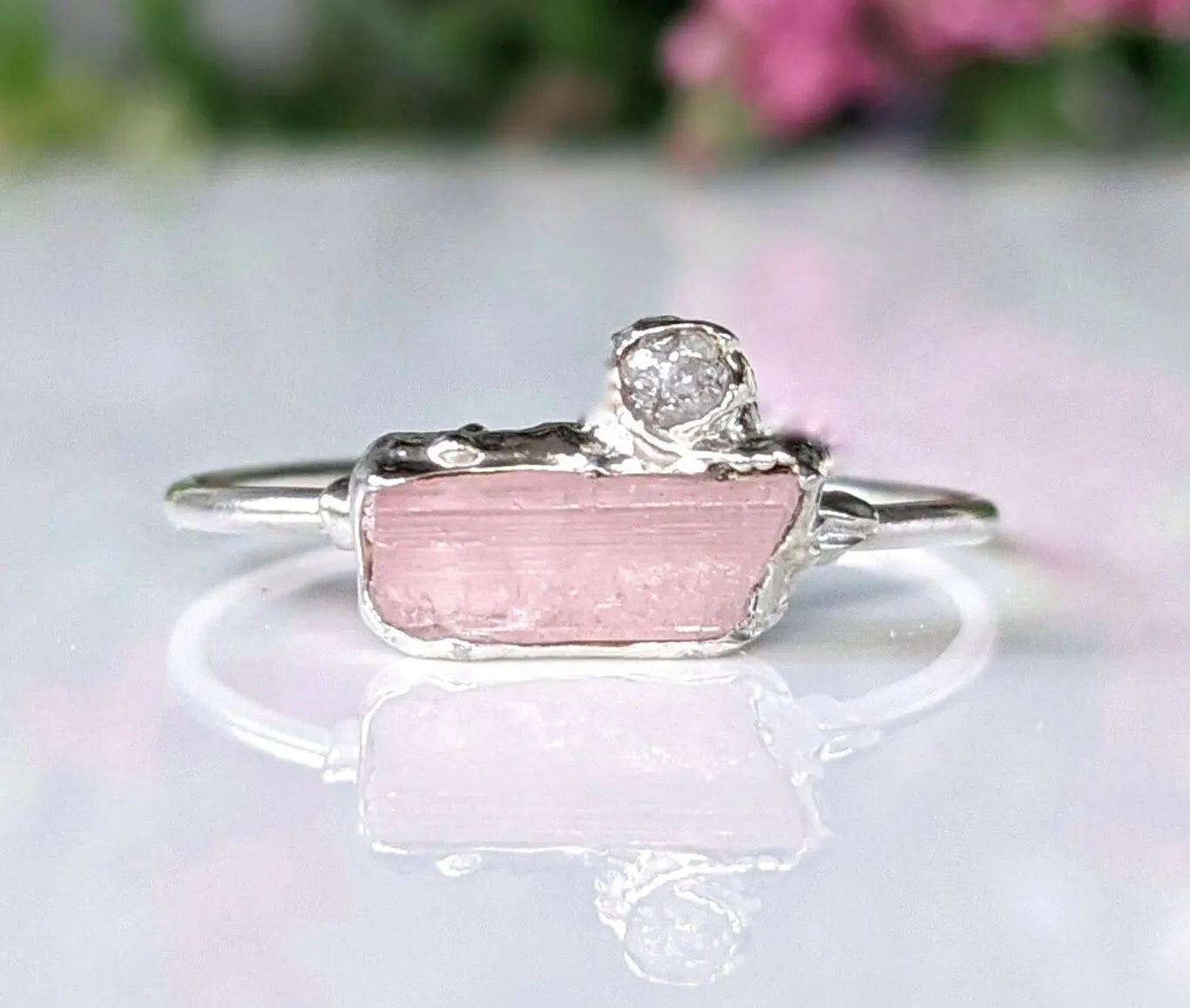 Raw pink tourmaline and rough diamond ring