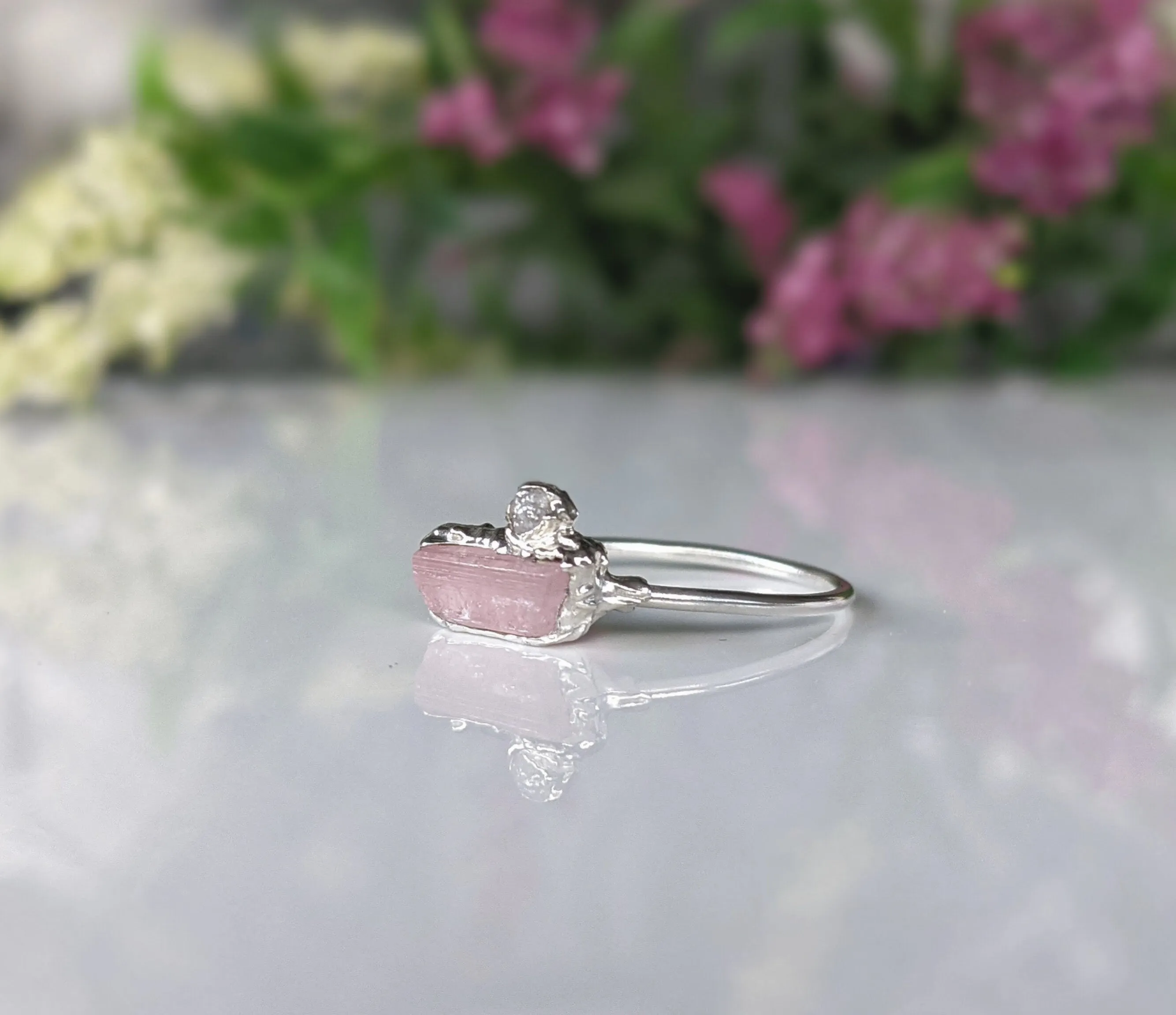 Raw pink tourmaline and rough diamond ring