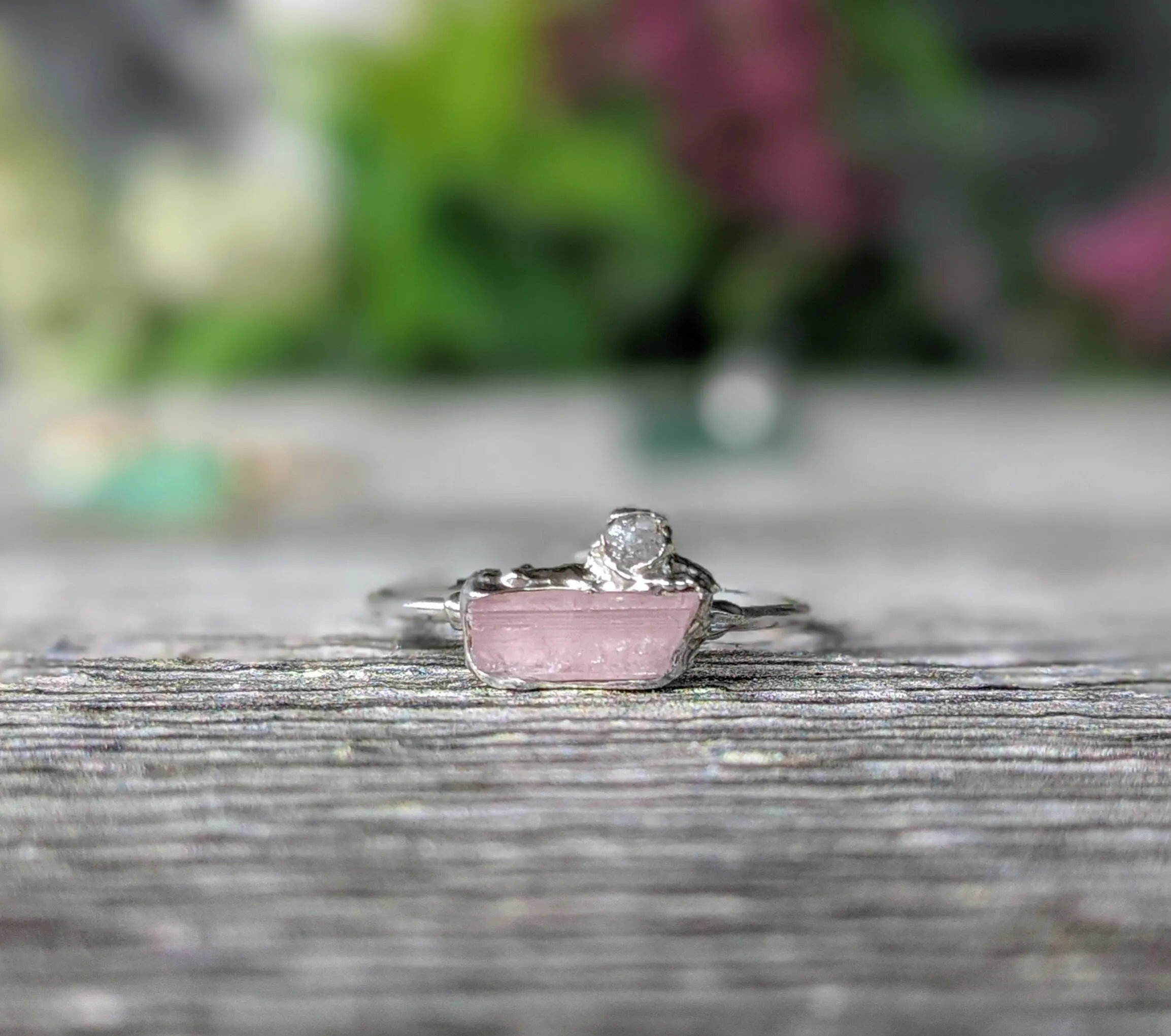 Raw pink tourmaline and rough diamond ring