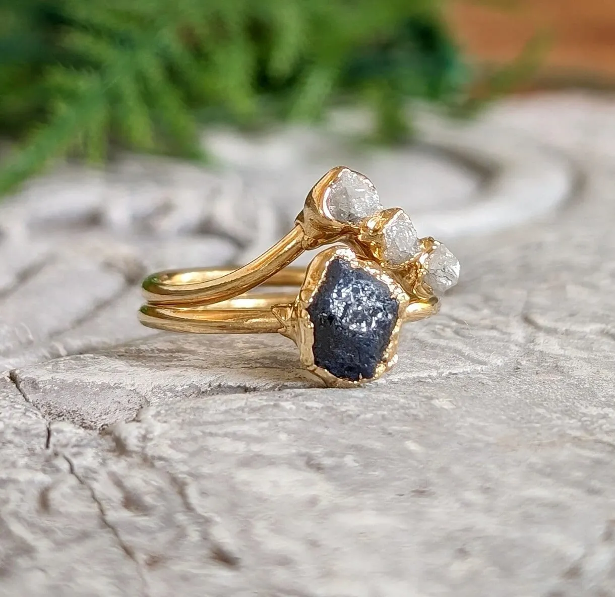 Raw Sapphire & rough diamond Chevron wedding ring set