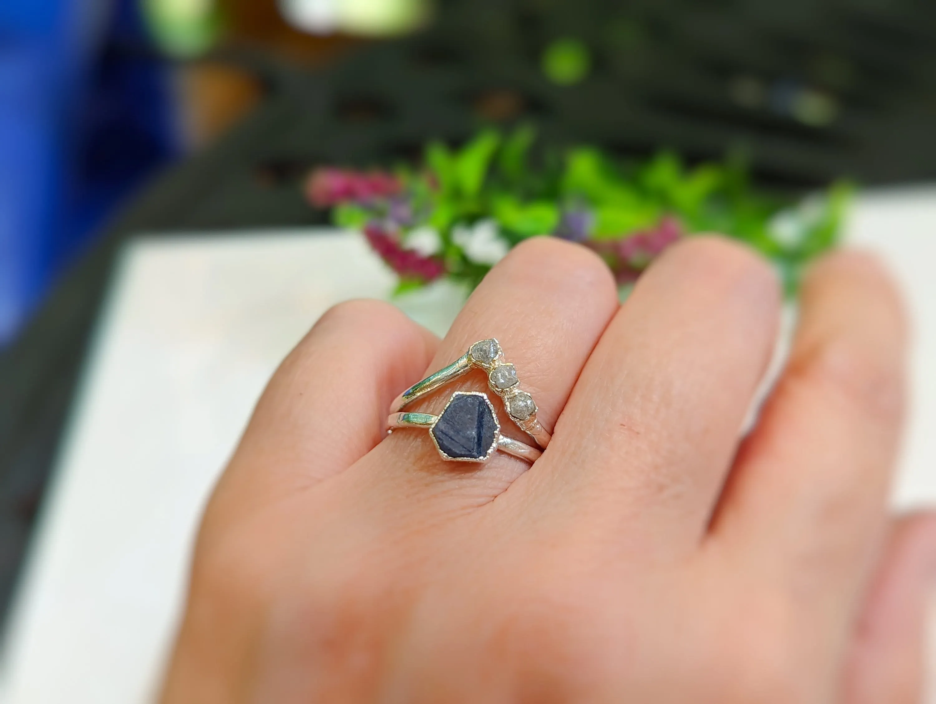 Raw Sapphire & rough diamond Chevron wedding ring set