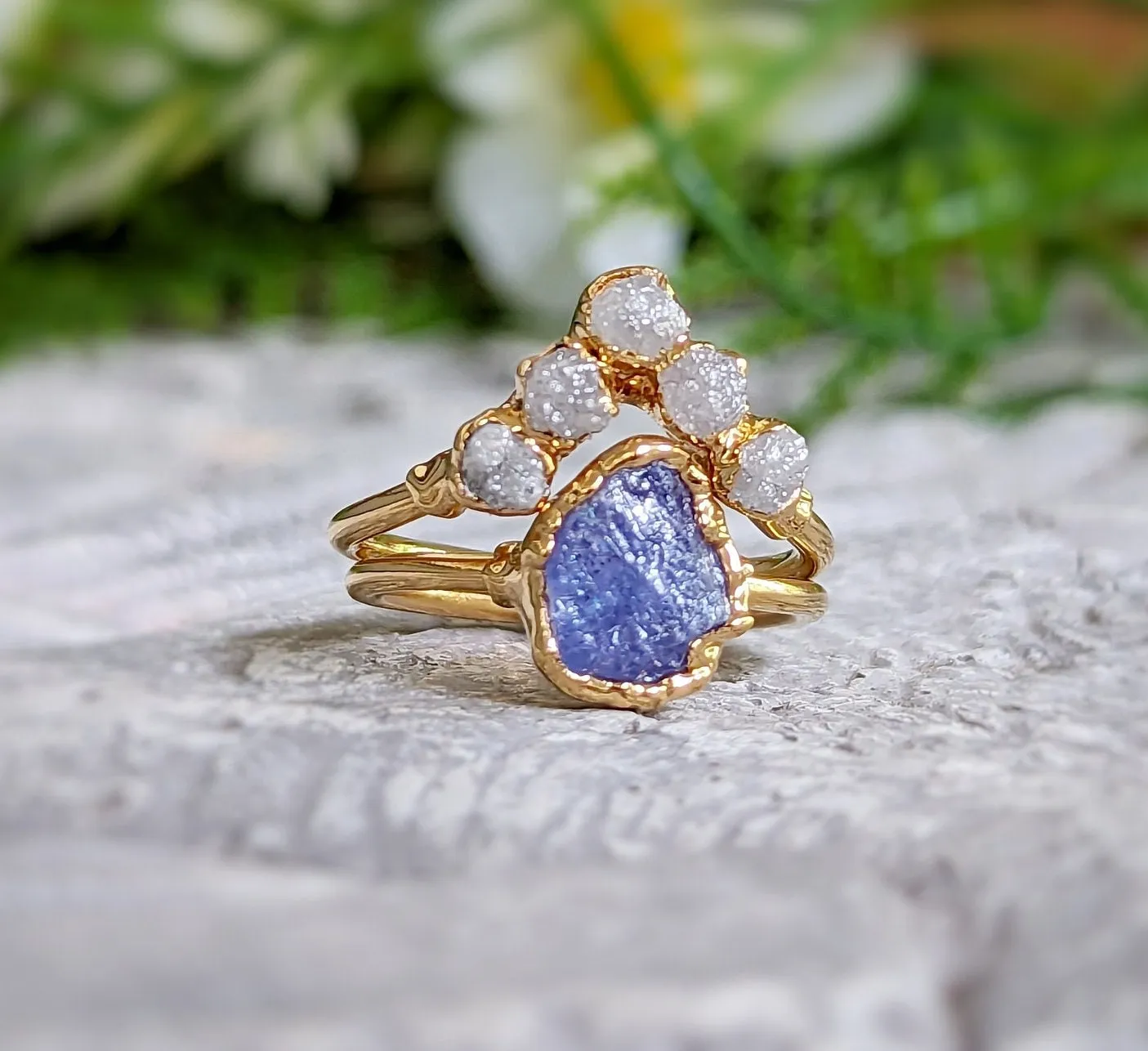 Raw Tanzanite and diamond Chevron wedding ring set