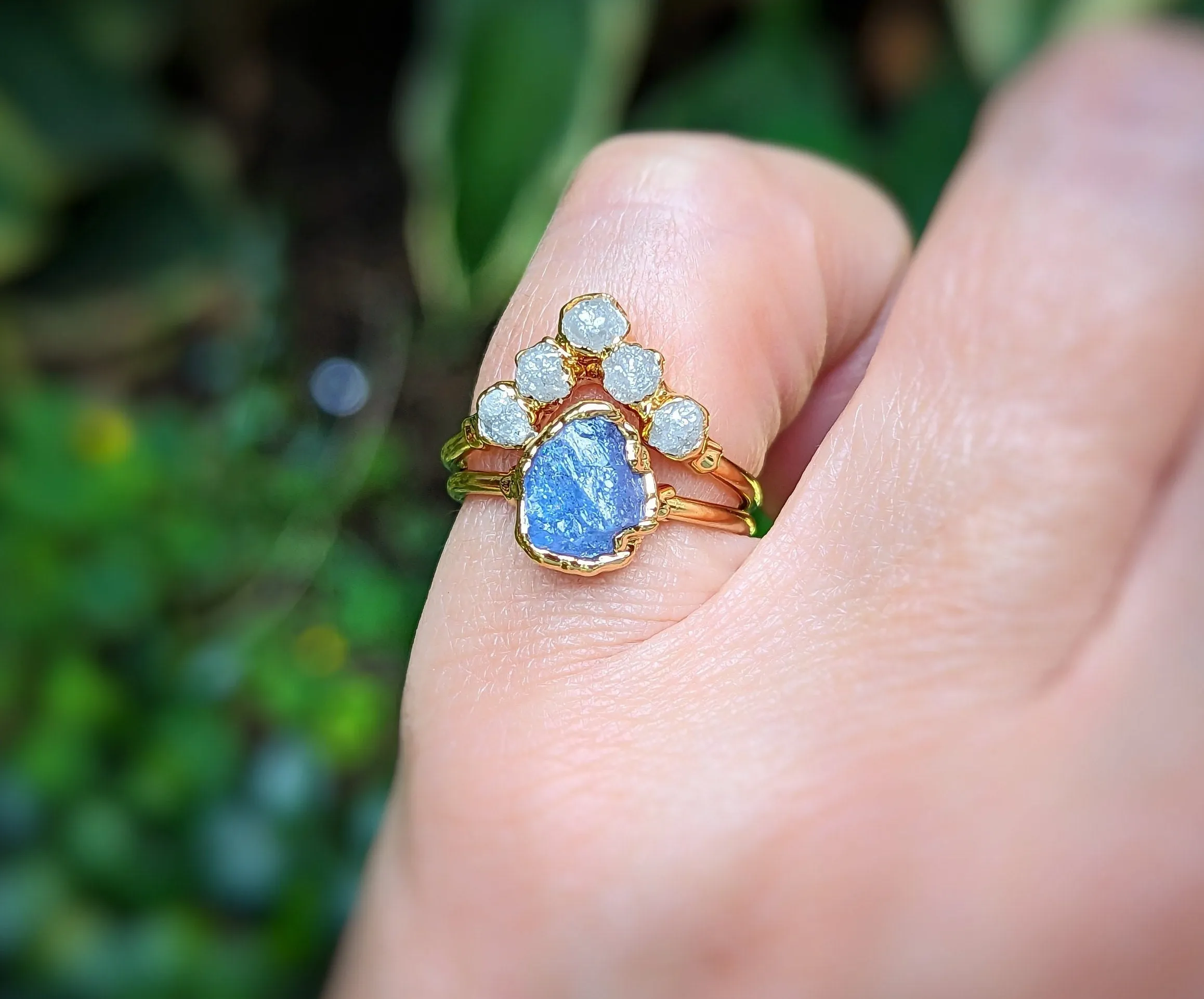 Raw Tanzanite and diamond Chevron wedding ring set