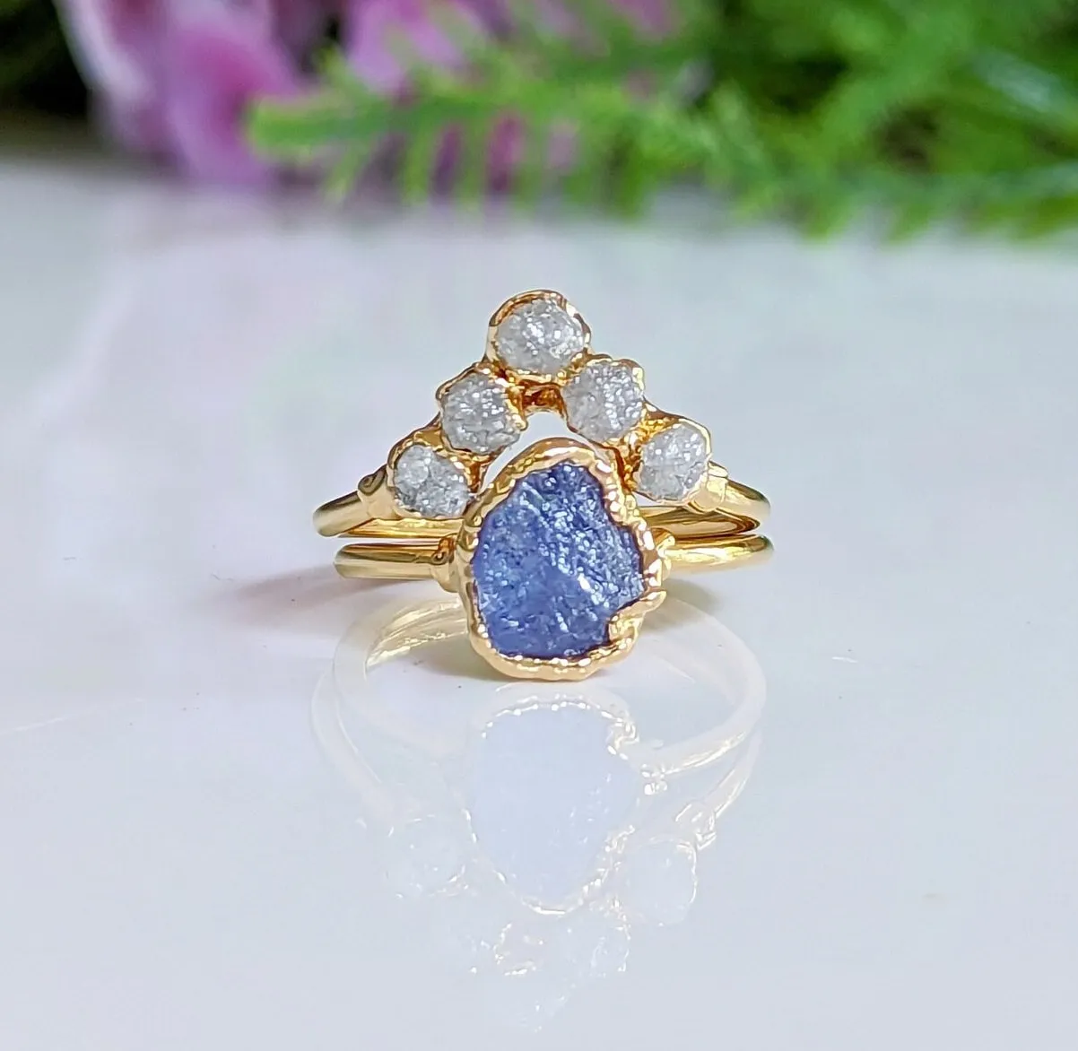 Raw Tanzanite and diamond Chevron wedding ring set
