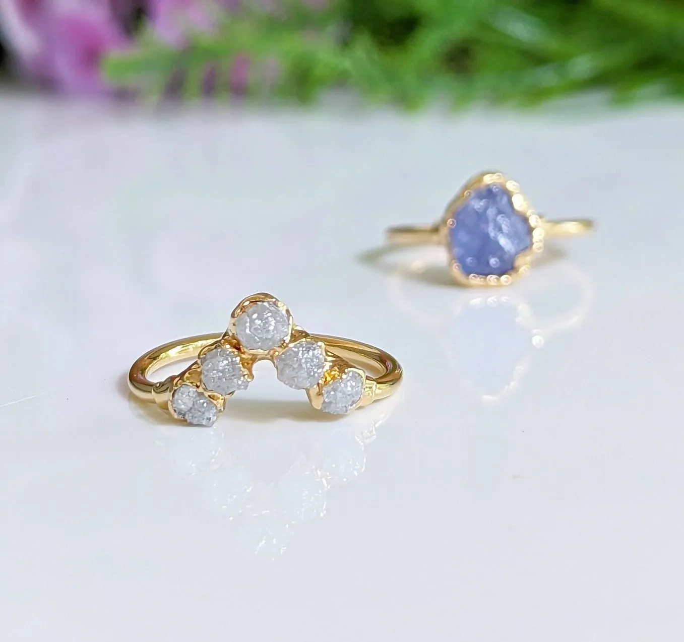 Raw Tanzanite and diamond Chevron wedding ring set