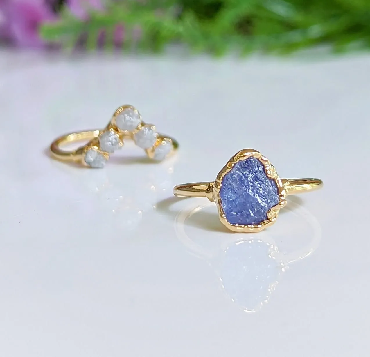 Raw Tanzanite and diamond Chevron wedding ring set
