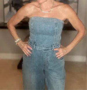 Strapless Denim Barrel Leg Jumpsuit
