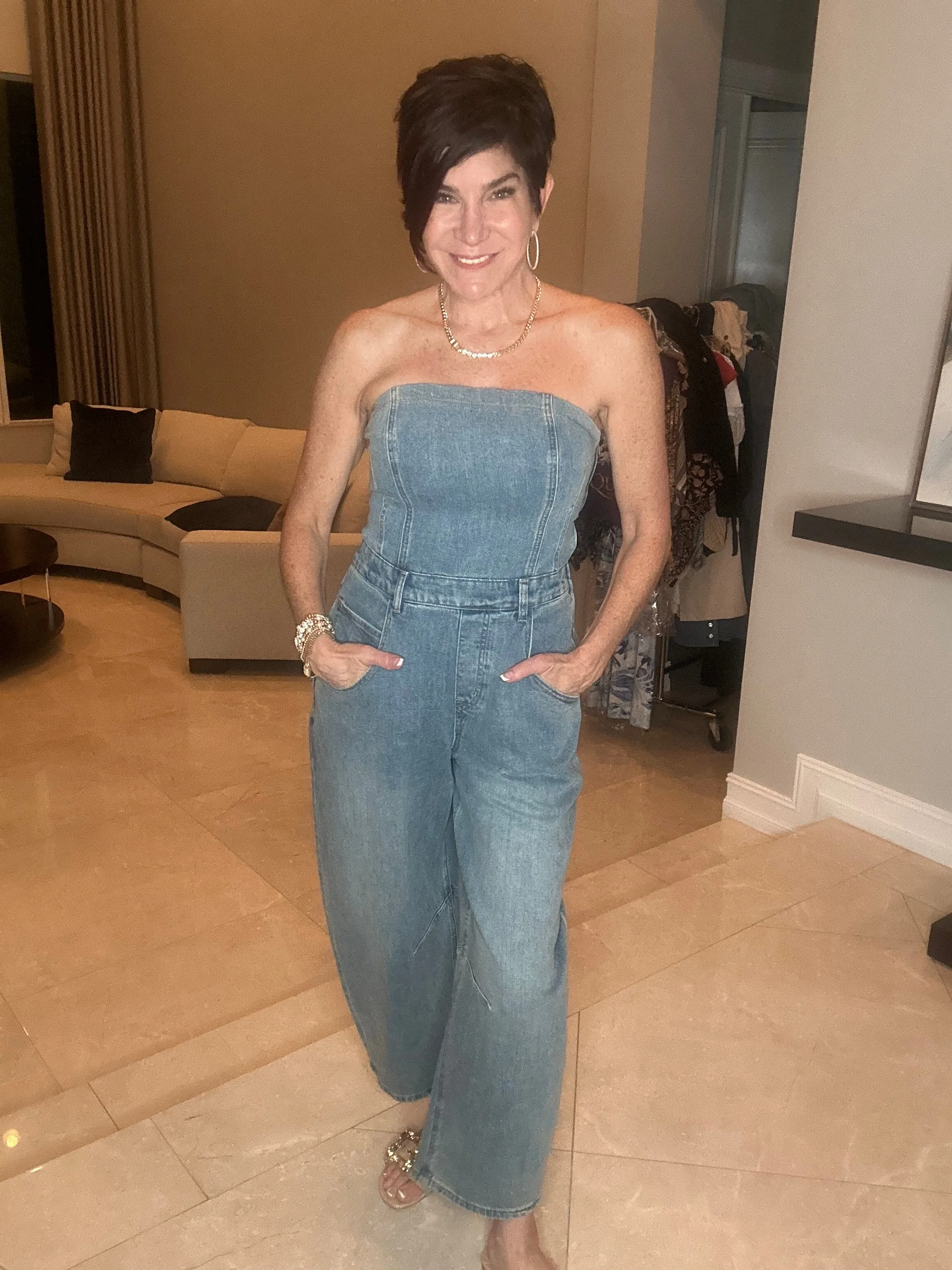 Strapless Denim Barrel Leg Jumpsuit