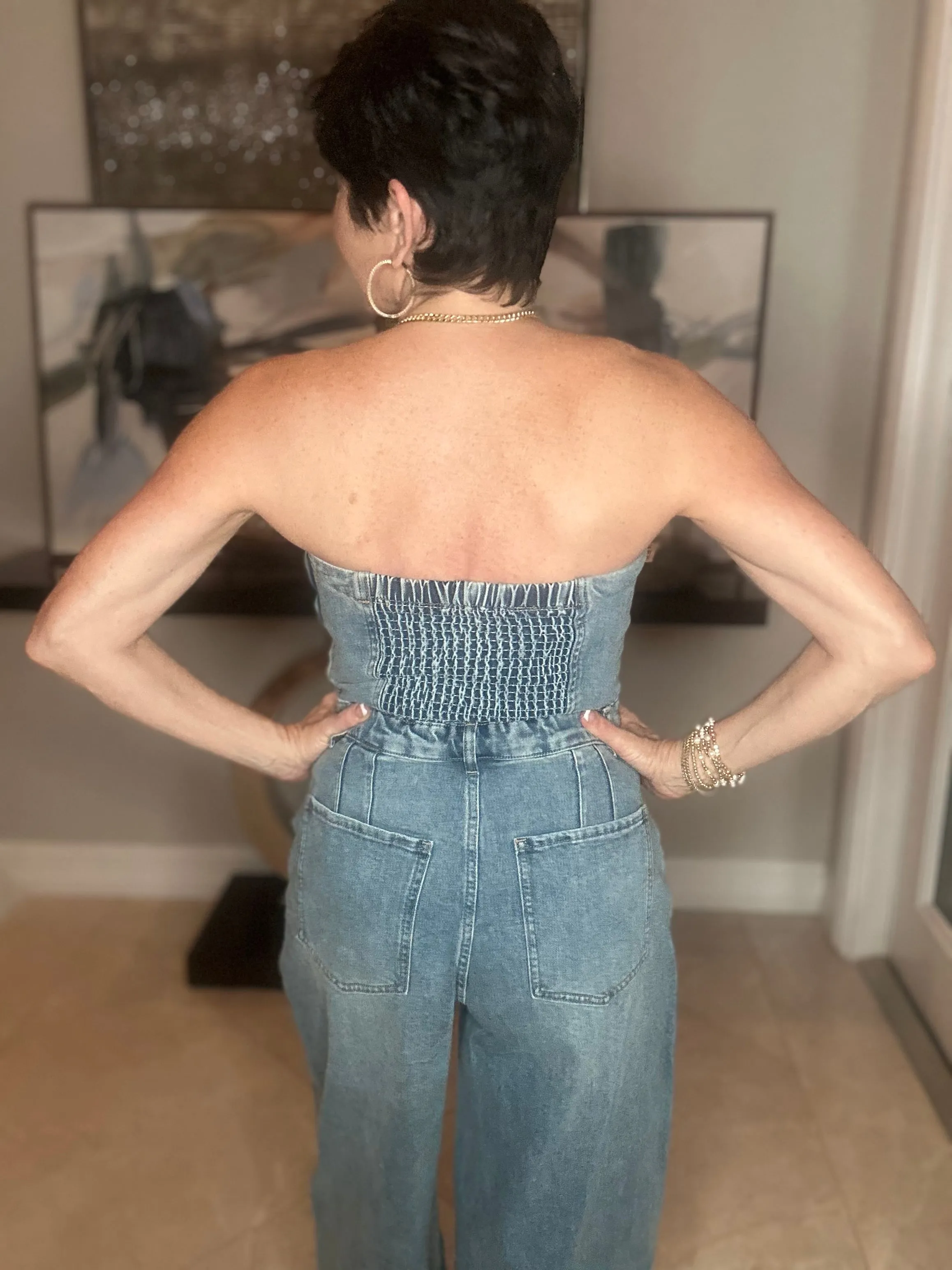 Strapless Denim Barrel Leg Jumpsuit