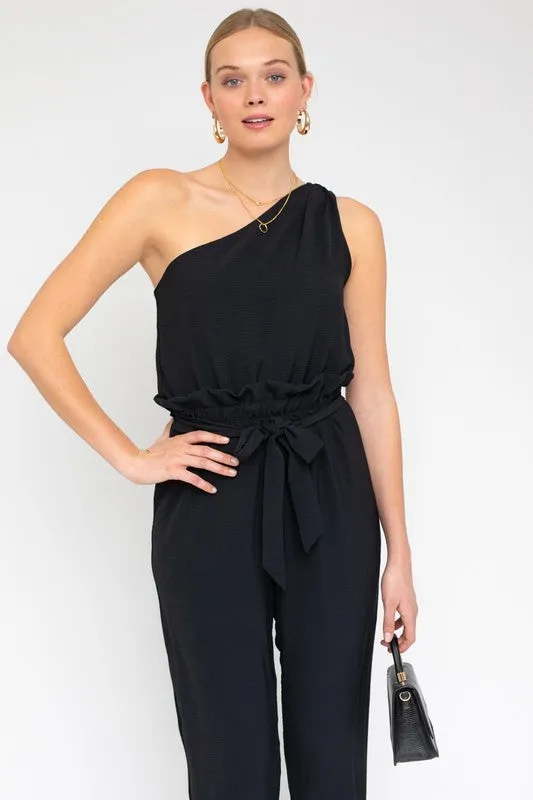 TEEK - Black Sleeveless One Shoulder Waist Tie Jumpsuit