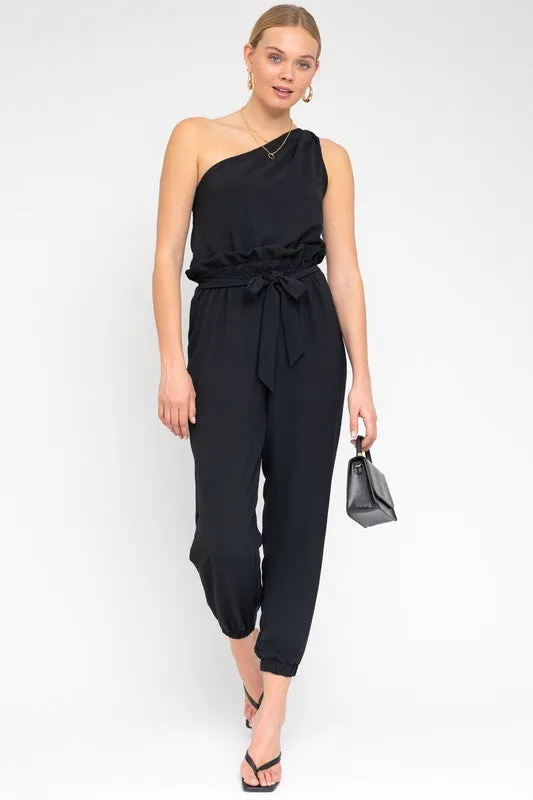 TEEK - Black Sleeveless One Shoulder Waist Tie Jumpsuit