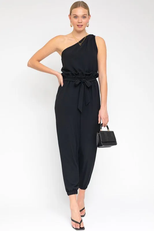 TEEK - Black Sleeveless One Shoulder Waist Tie Jumpsuit