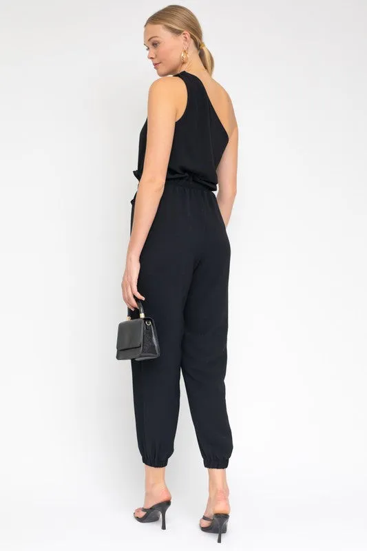 TEEK - Black Sleeveless One Shoulder Waist Tie Jumpsuit