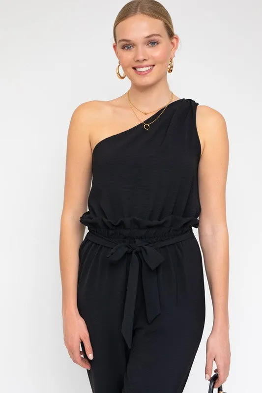 TEEK - Black Sleeveless One Shoulder Waist Tie Jumpsuit