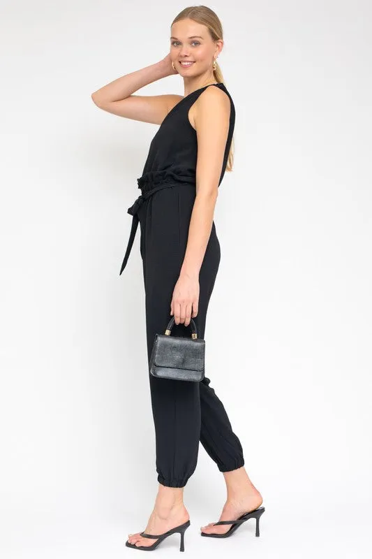 TEEK - Black Sleeveless One Shoulder Waist Tie Jumpsuit
