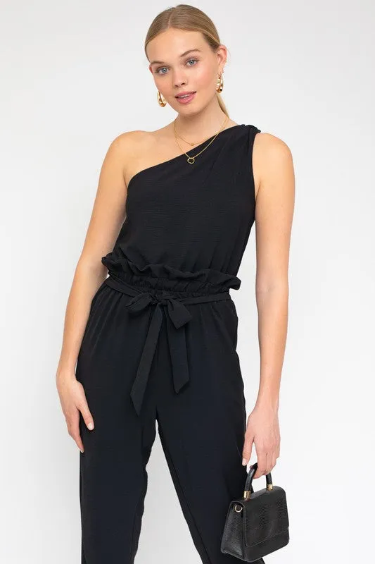TEEK - Black Sleeveless One Shoulder Waist Tie Jumpsuit